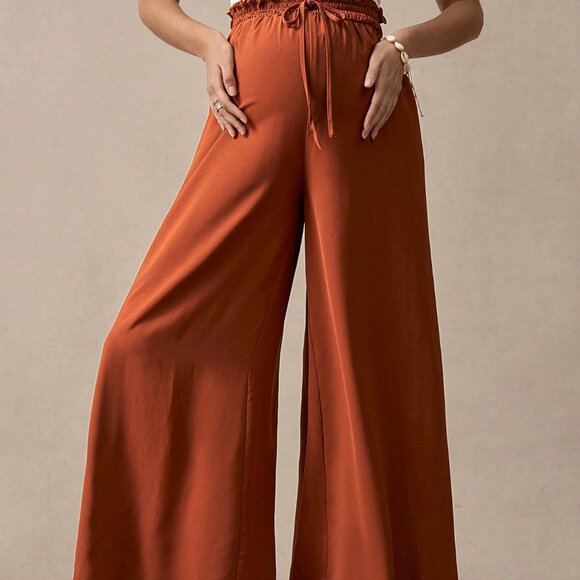 Maternity Rust Brown Casual Women's High Waist Wide Leg Pants - Picture 7 of 7